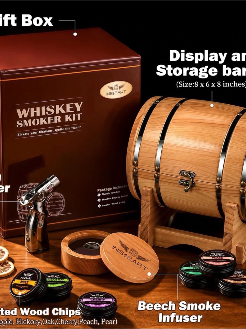Beech Smoke Infuser Whiskey Smoker Kit in Natural Wood